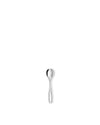 Silver metal spoon by Alessi, polished and featuring a rounded bowl, on a white background.