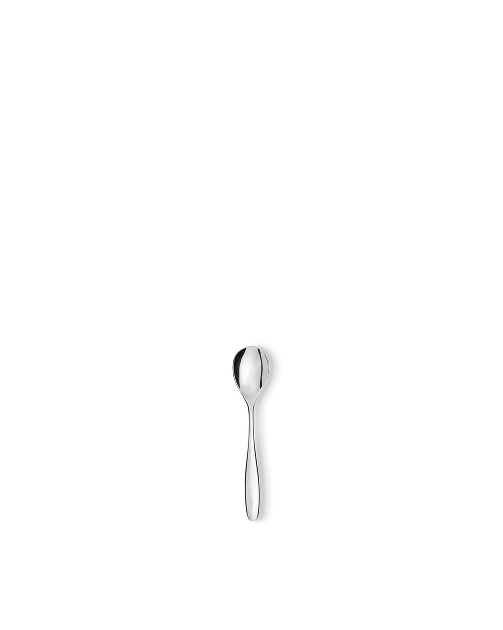 Silver metal spoon by Alessi, polished and featuring a rounded bowl, on a white background.