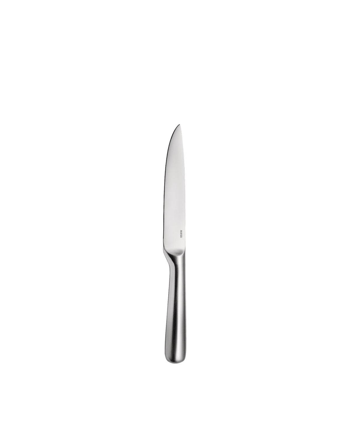 Silver-toned metal knife by Alessi, with a sleek blade and rounded handle, "ALESSI" engraved on the blade.