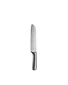 Upright silver stainless steel kitchen knife by Alessi, with a dimpled blade and 'Alessi' engraved.
