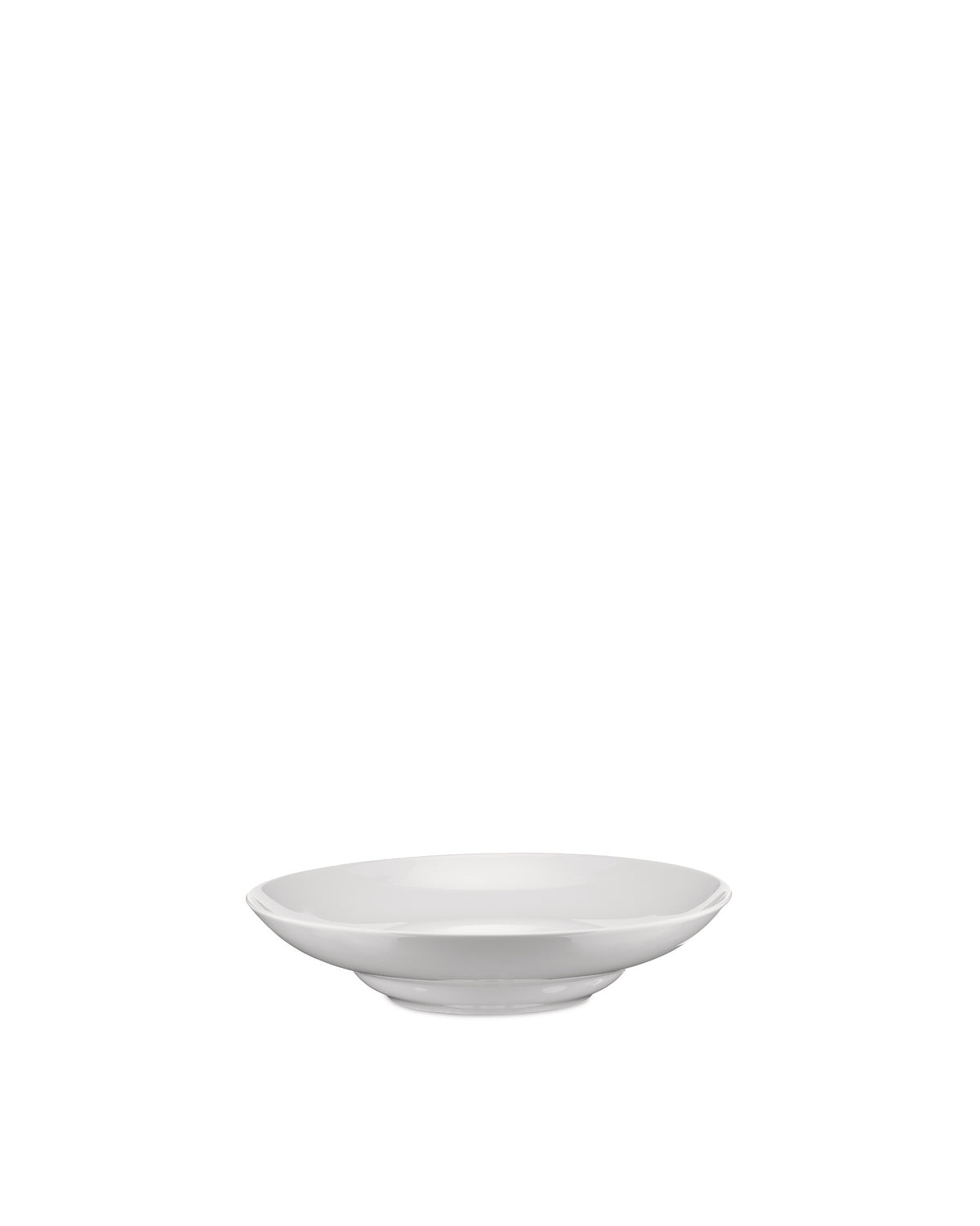 White bowl by Alessi, a simple, shallow serving bowl with a subtle elevated base, from a slightly elevated angle.
