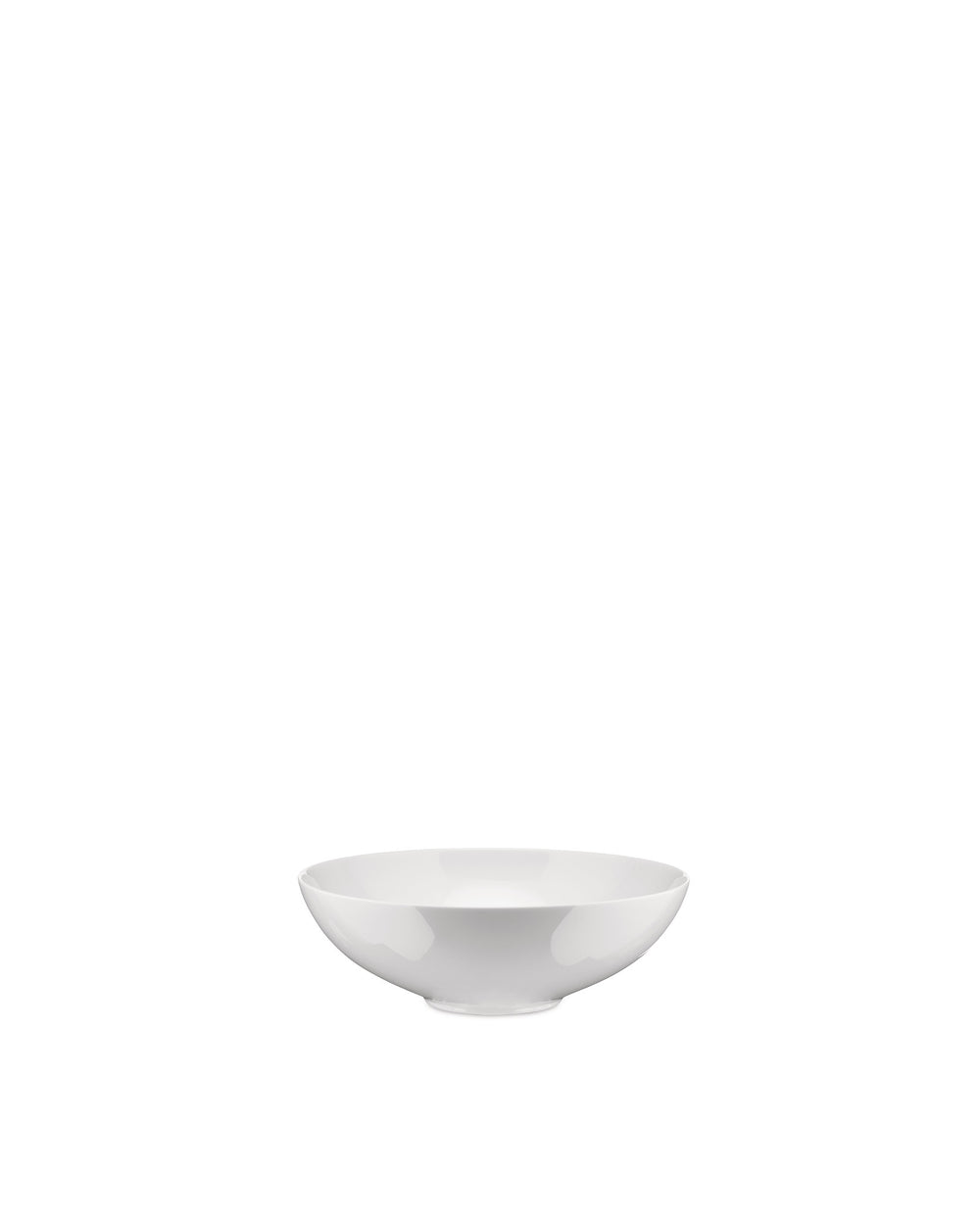 White bowl by Alessi, with a smooth, wide, and shallow design, shown from a side view.