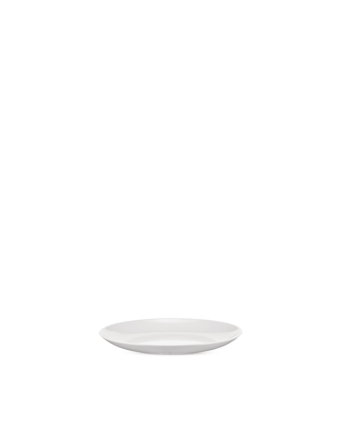 Mami white round plate by Alessi, a shallow dish seen from the side.