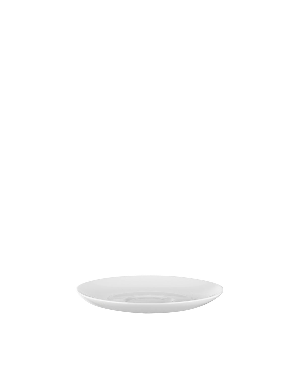 White saucer by Alessi, smooth and round with a central depression for a cup.