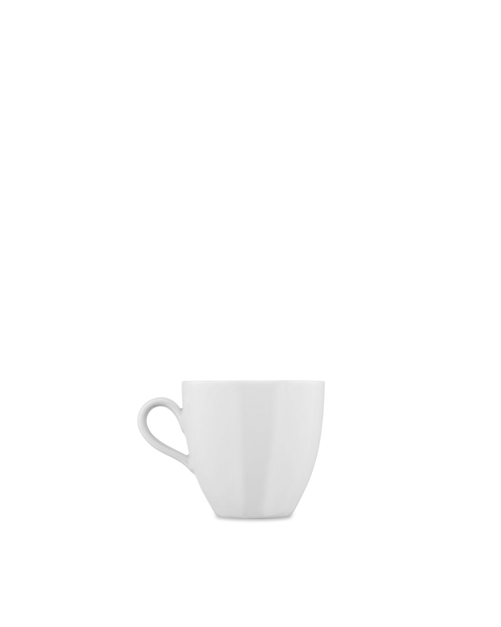 White cup by Alessi with a small handle, presented in a simple front-side view.