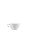 White cup by Alessi with a simple, elegant design, seen from the side.