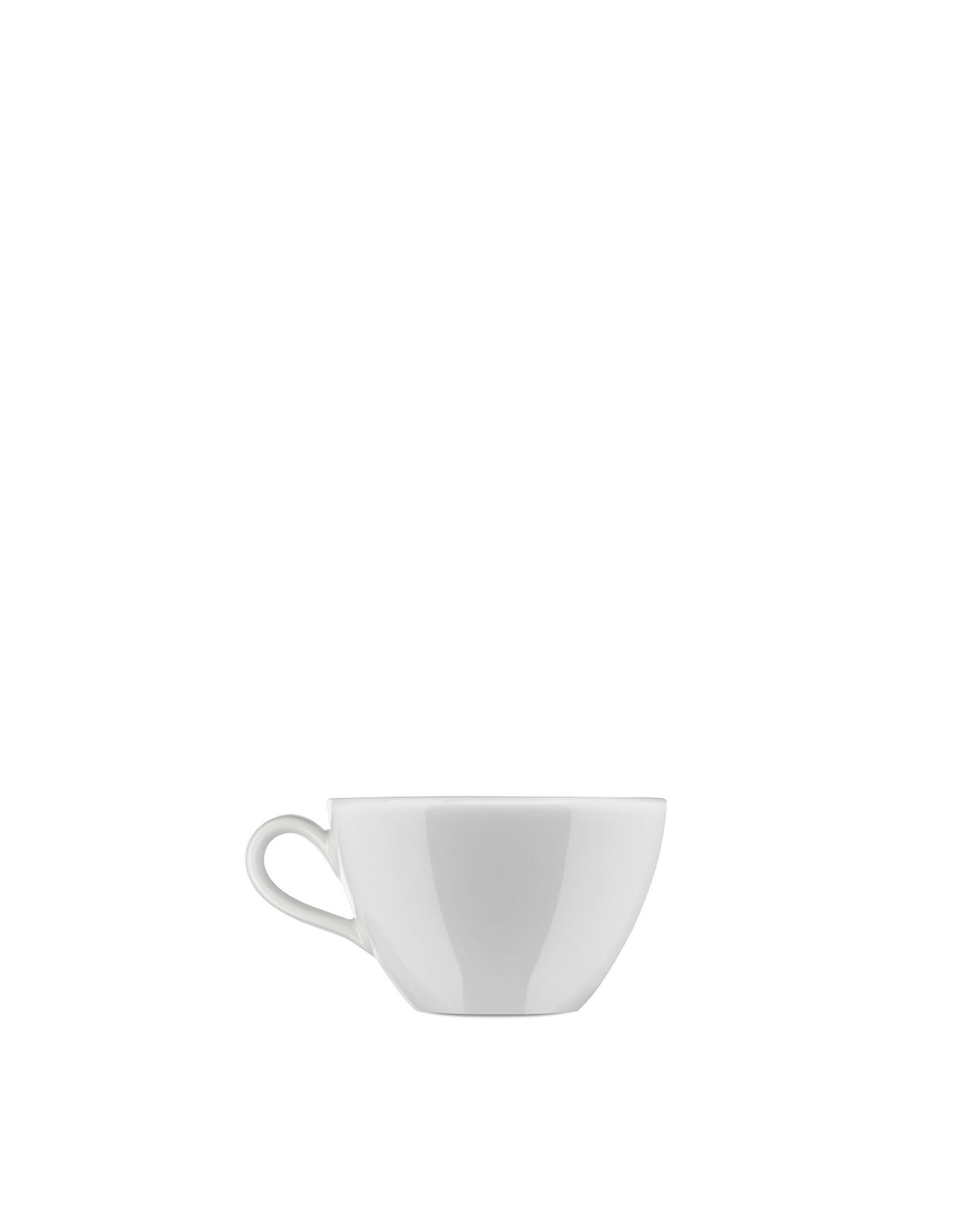 White cup by Alessi with a simple, elegant design, seen from the side.