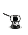 Polished stainless steel fondue set by Alessi with a black handle, matte black stand, and silver burner base.