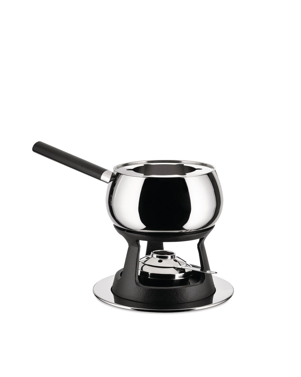 Polished stainless steel fondue set by Alessi with a black handle, matte black stand, and silver burner base.