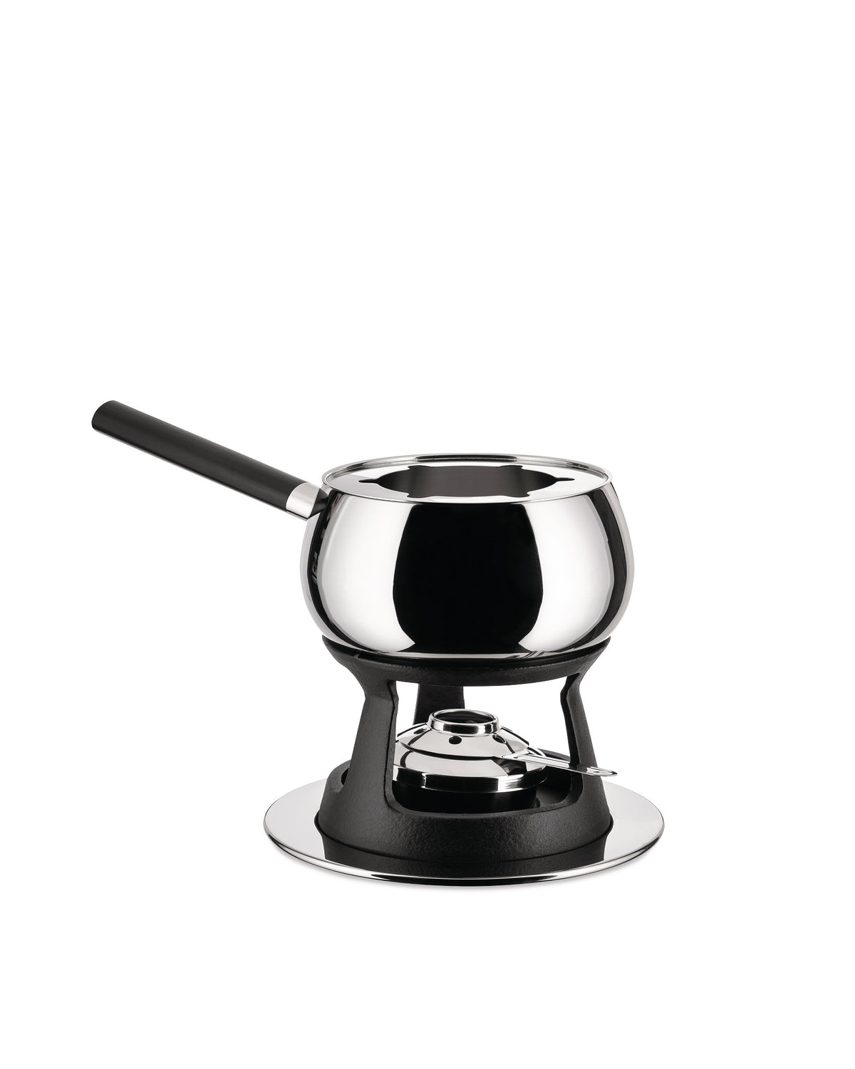 Polished stainless steel fondue set by Alessi with a black handle, matte black stand, and silver burner base.