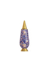 Decorative urn by Alessi with a multi-colored confetti dot pattern on a blue body, gold conical lid, and flared base.