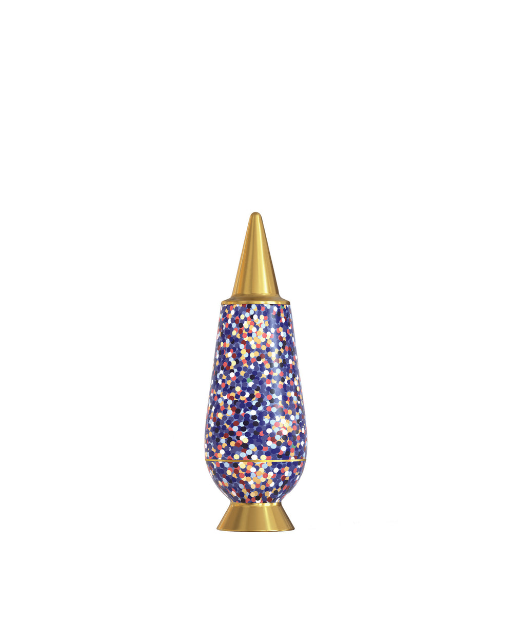 Decorative urn by Alessi with a multi-colored confetti dot pattern on a blue body, gold conical lid, and flared base.