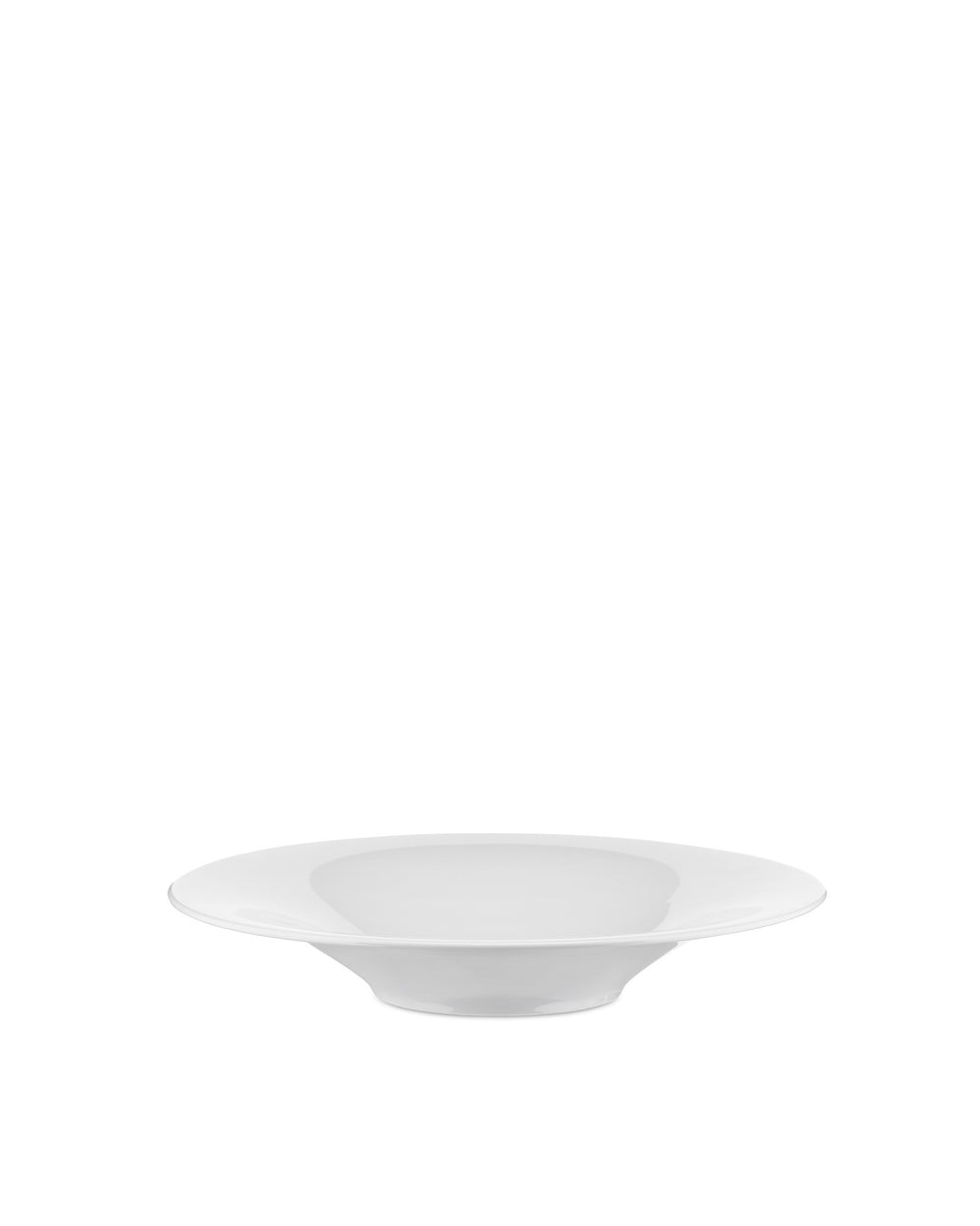 White shallow serving bowl by Alessi, featuring a wide rim and minimalist design, from a frontal view.
