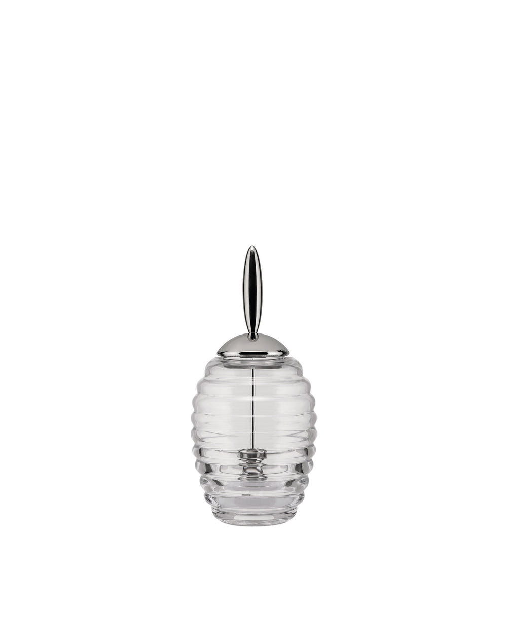 Clear glass ribbed honey pot by Alessi with a sleek metal lid and conical handle dipper.