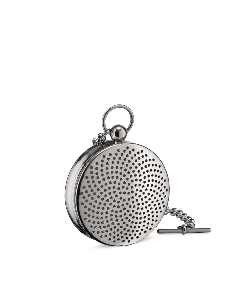 Silver-toned round tea infuser by Alessi with perforated sides, a chain, and T-bar end.