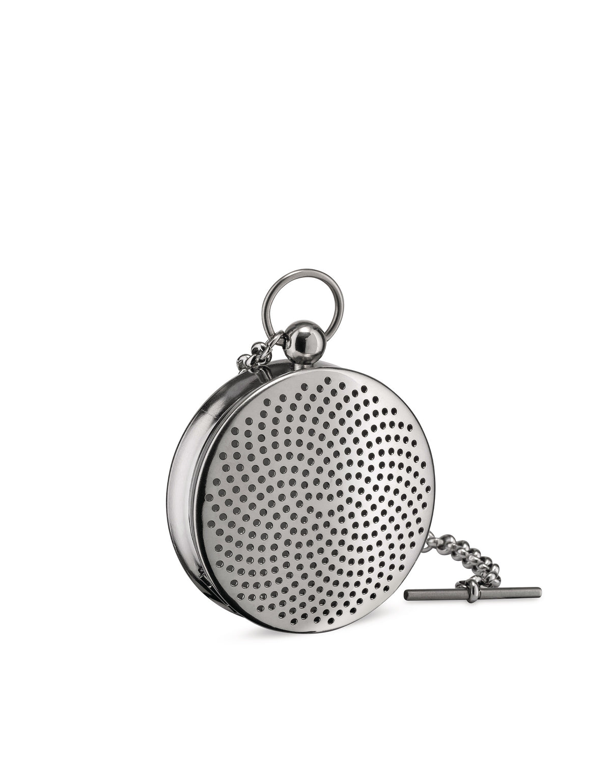 Silver-toned round tea infuser by Alessi with perforated sides, a chain, and T-bar end.