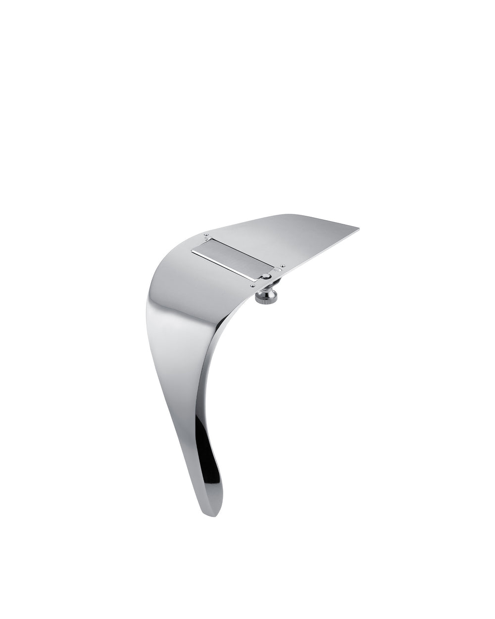 Polished chrome truffle slicer by Alessi with a curved handle and adjustable blade.