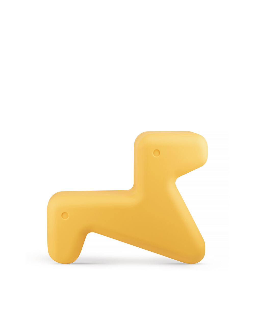 Matte yellow abstract animal-shaped children's stool by Alessi, with a smooth, rounded form and two small circular indentations, side view.