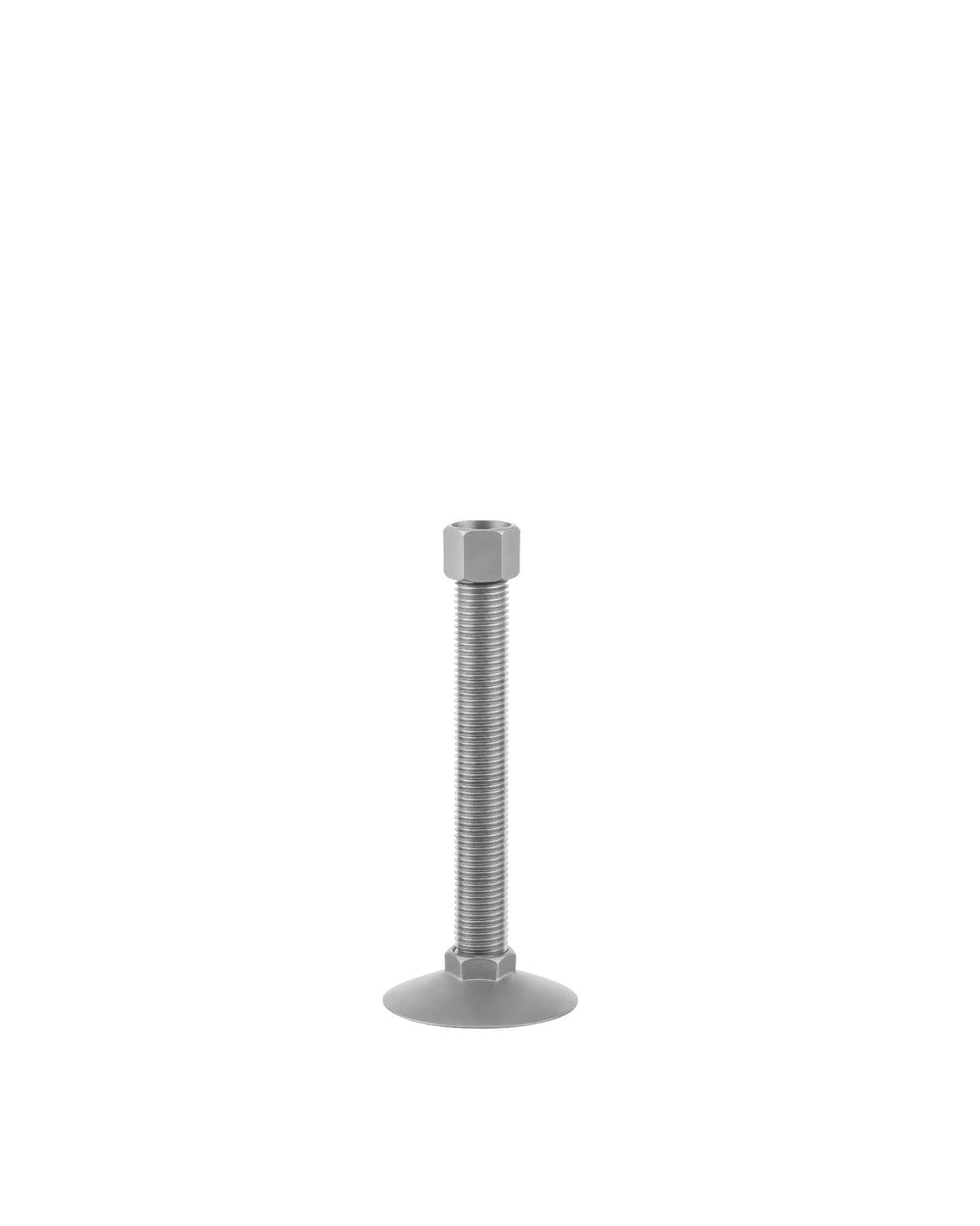 Silver metal adjustable leveling foot by Alessi, with a threaded rod, hex nut, and flat round base.