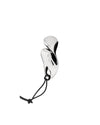 Silver polished bottle opener by Alessi, with a fluid, sculptural shape and a black leather cord.