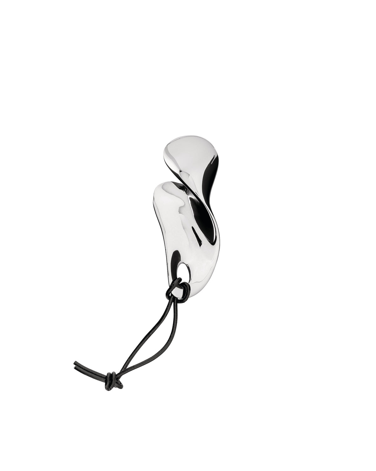 Silver polished bottle opener by Alessi, with a fluid, sculptural shape and a black leather cord.