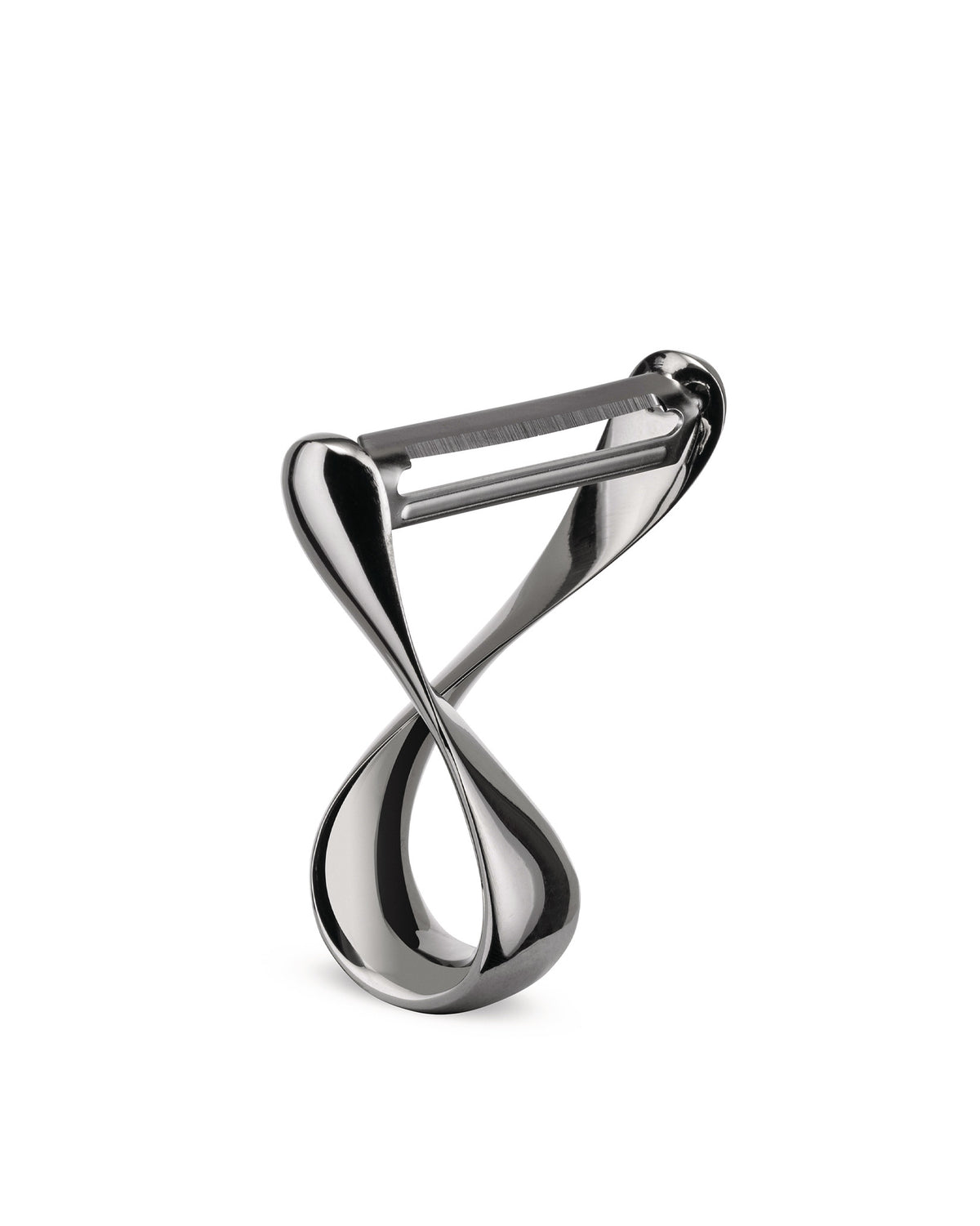 A modern metal peeler by Alessi, with a unique twisted figure-eight handle, standing upright.