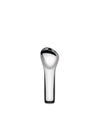 Polished silver-colored metal serving spoon by Alessi with an organic, asymmetric bowl shape, standing upright.