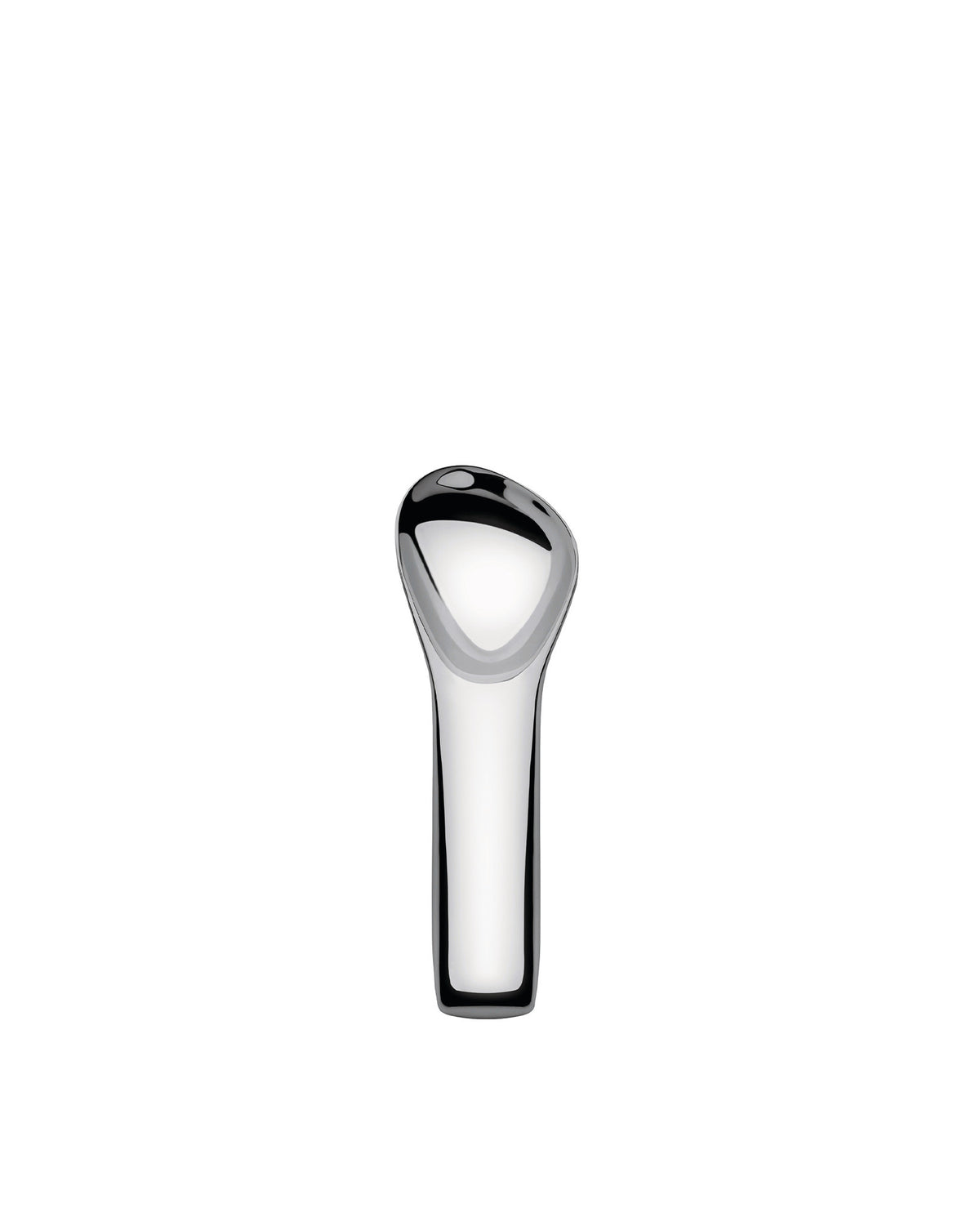 Polished silver-colored metal serving spoon by Alessi with an organic, asymmetric bowl shape, standing upright.