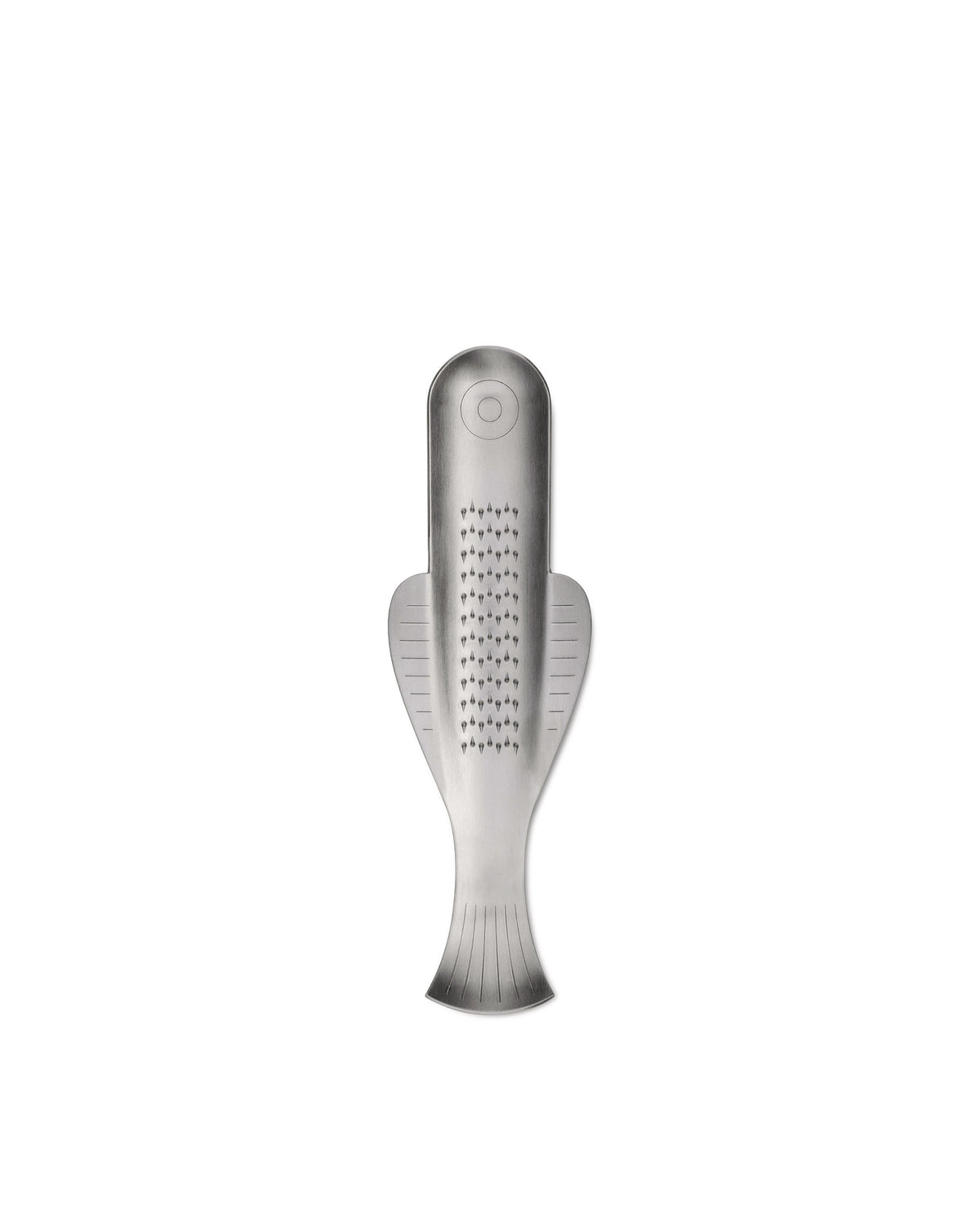 Silver stainless steel grater by Alessi, designed in a fish shape with sharp teeth and line details.