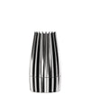 Silver metallic grinder by Alessi with a vertical fluted pattern and two-part design.