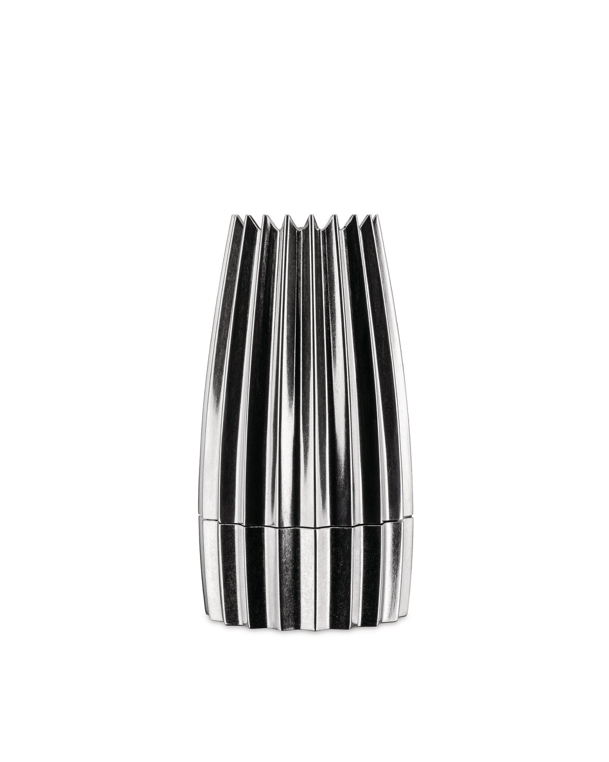 Silver metallic grinder by Alessi with a vertical fluted pattern and two-part design.