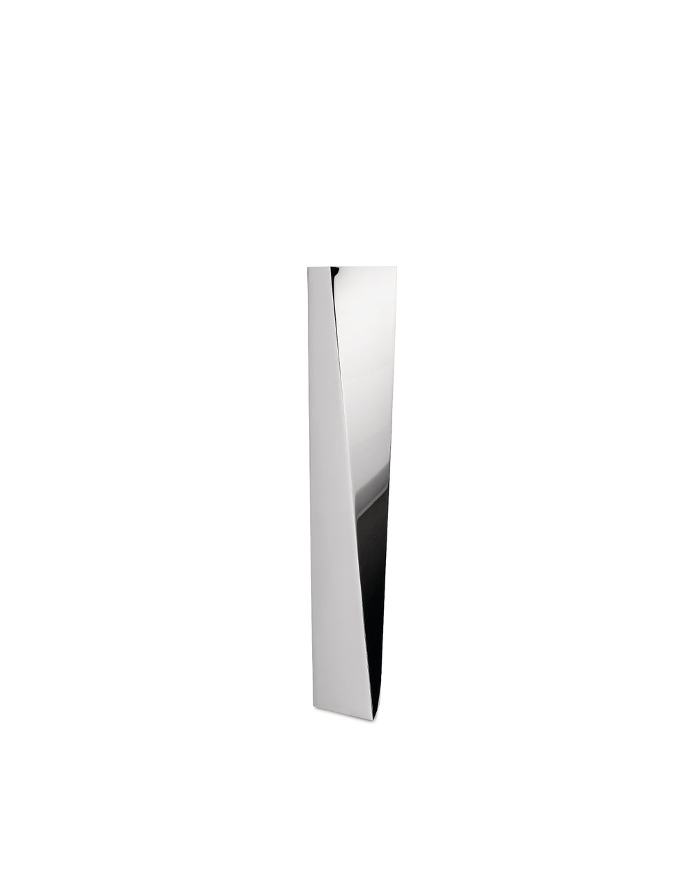 Silver metallic Crevasse vase by Alessi, featuring a tall, reflective, and sharply angular design.