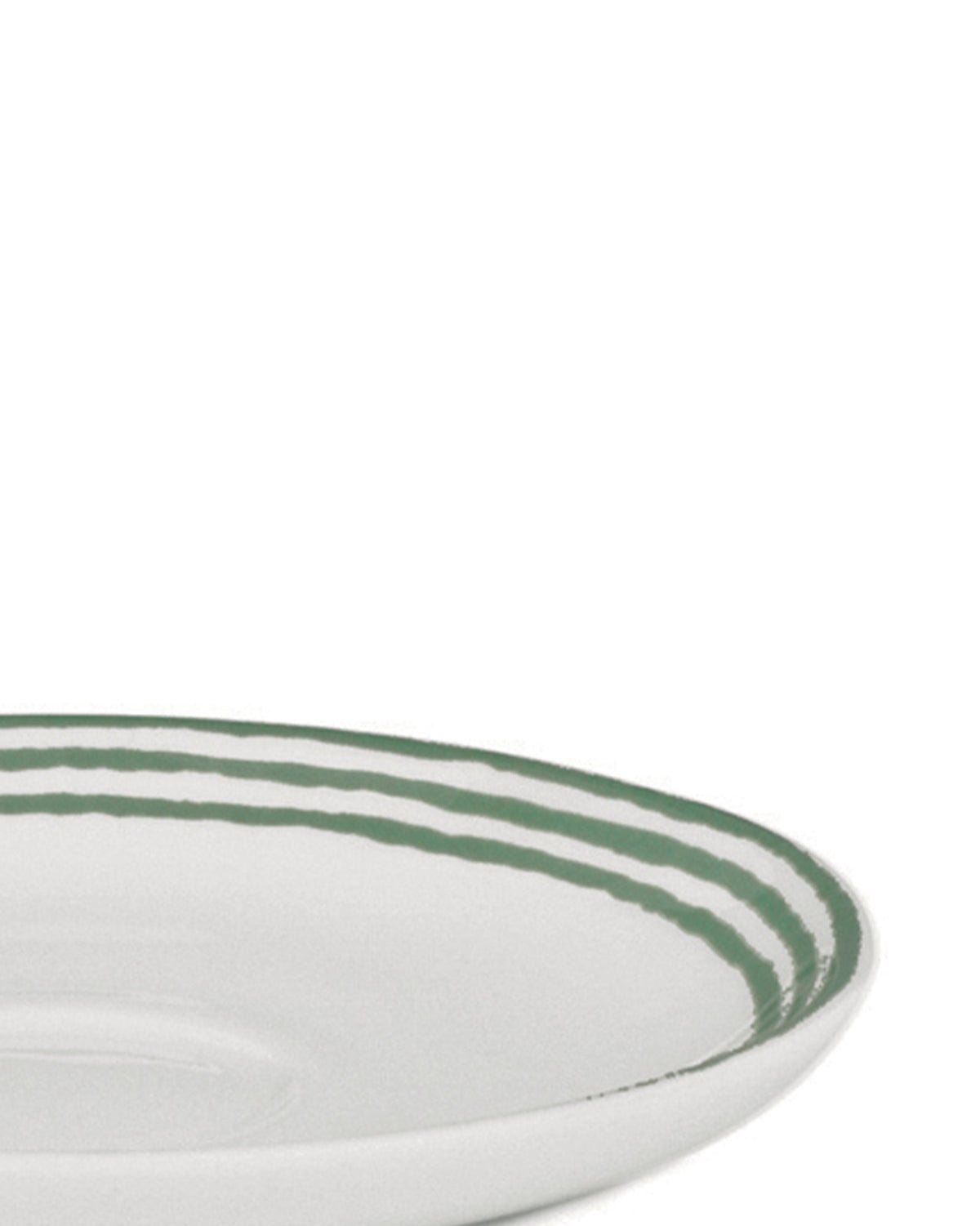 White ceramic plate by Alessi with three watercolor-style green stripes, viewed from a close angle.