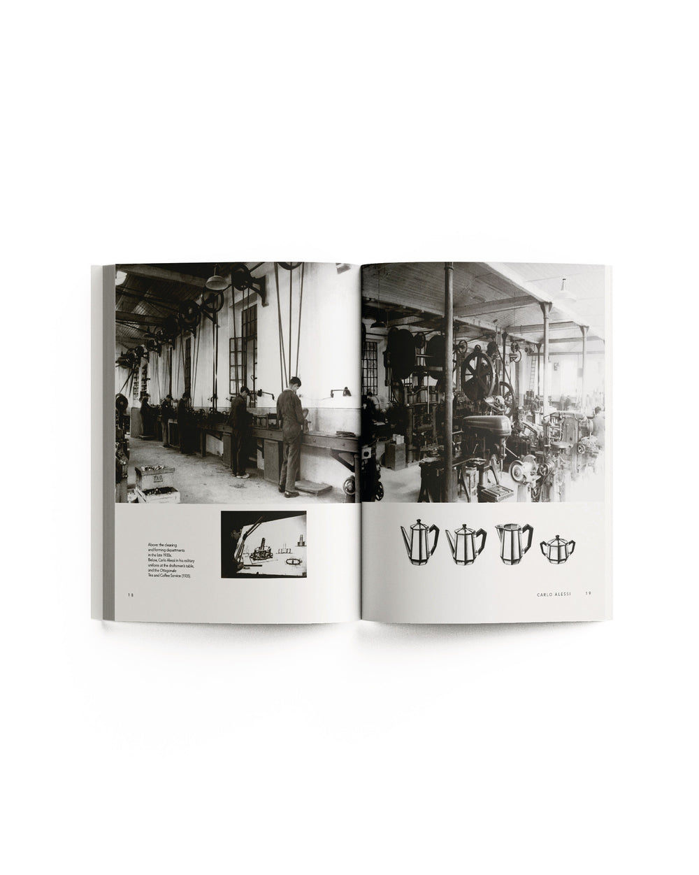 Open book by Alessi, showcasing vintage factory photographs and teapot designs.