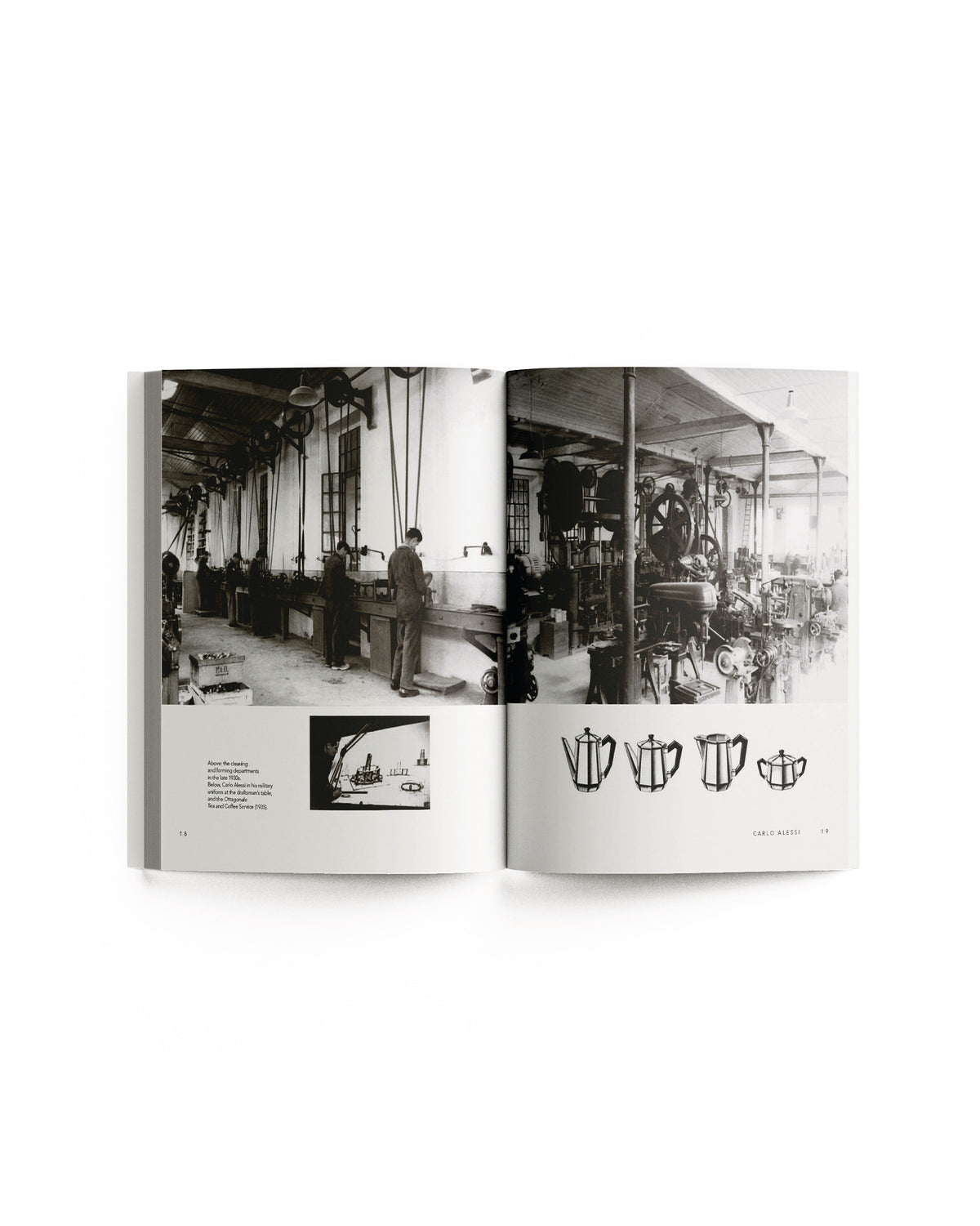 Open book by Alessi, showcasing vintage factory photographs and teapot designs.