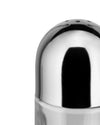Silver and white salt or pepper shaker by Alessi with a domed, reflective chrome top featuring dispensing holes and a white base, cropped view.