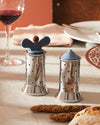 Silver stainless steel perforated shakers by Alessi, one with a blue butterfly top and red knob, the other with a blue conical top.