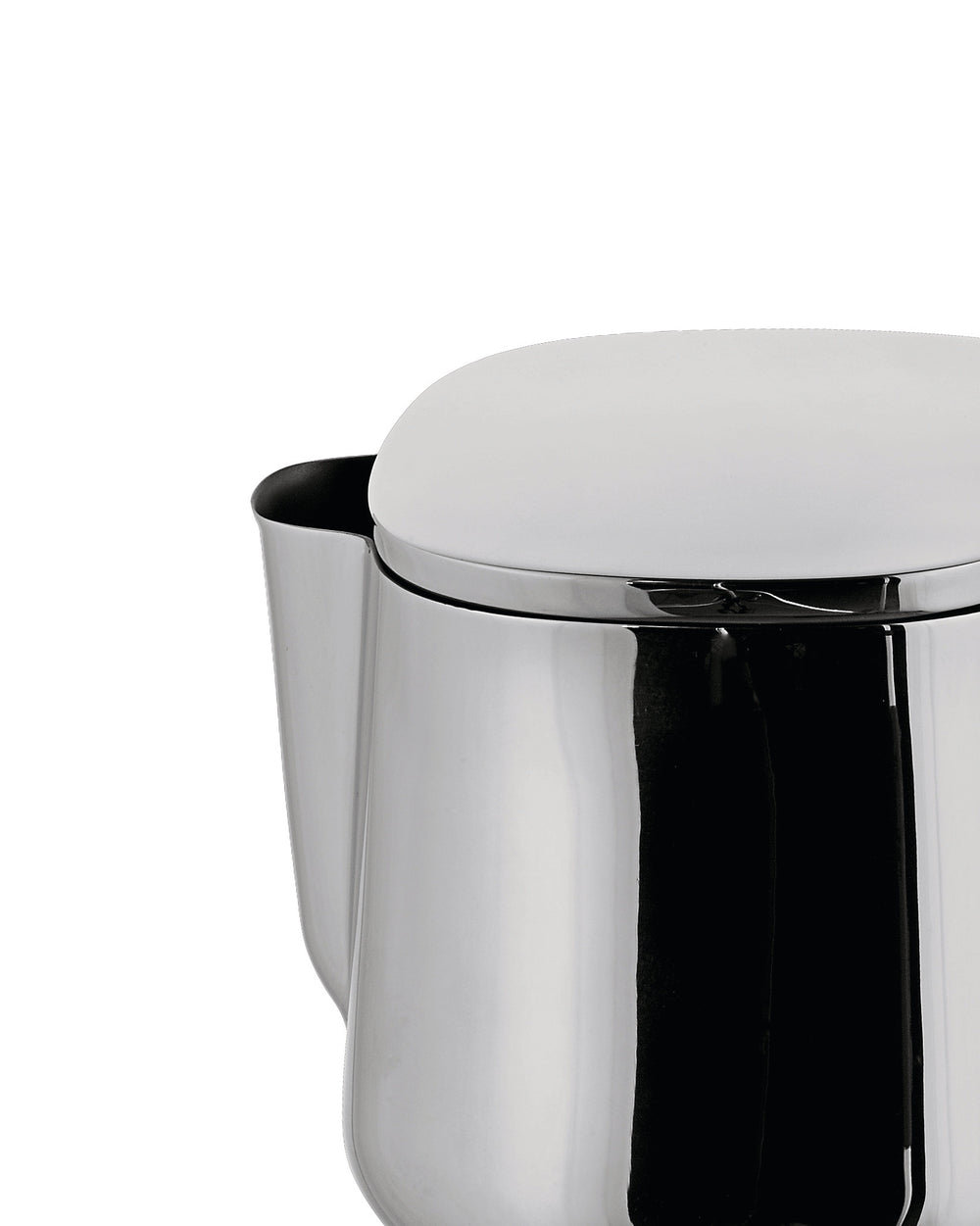 Polished stainless steel pitcher by Alessi, featuring a white dome lid and reflective surface, in a cropped view.
