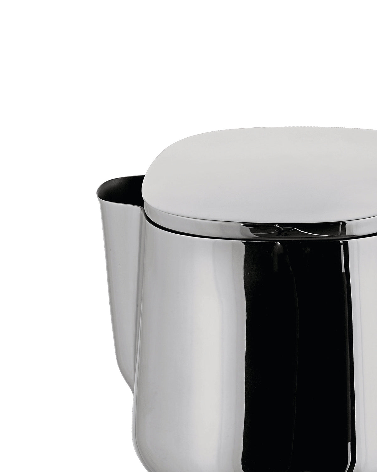 Polished stainless steel pitcher by Alessi, featuring a white dome lid and reflective surface, in a cropped view.