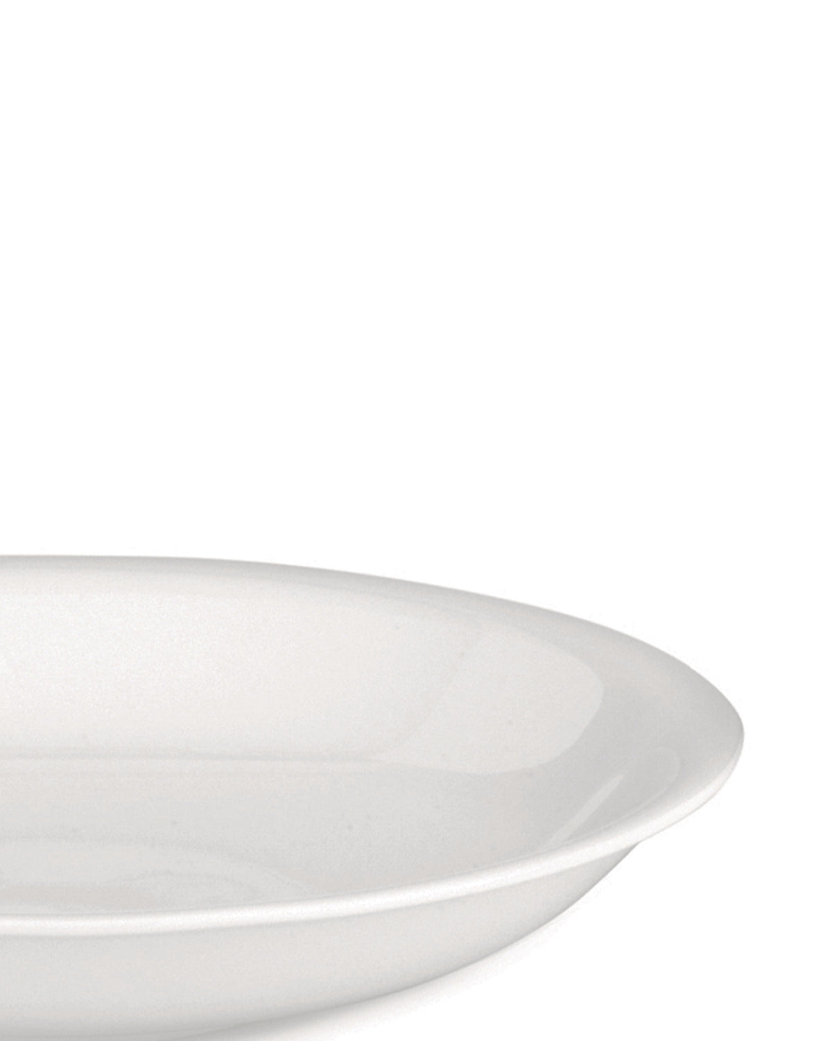 White plate by Alessi, shallow with a wide, smooth rim, shown cropped.
