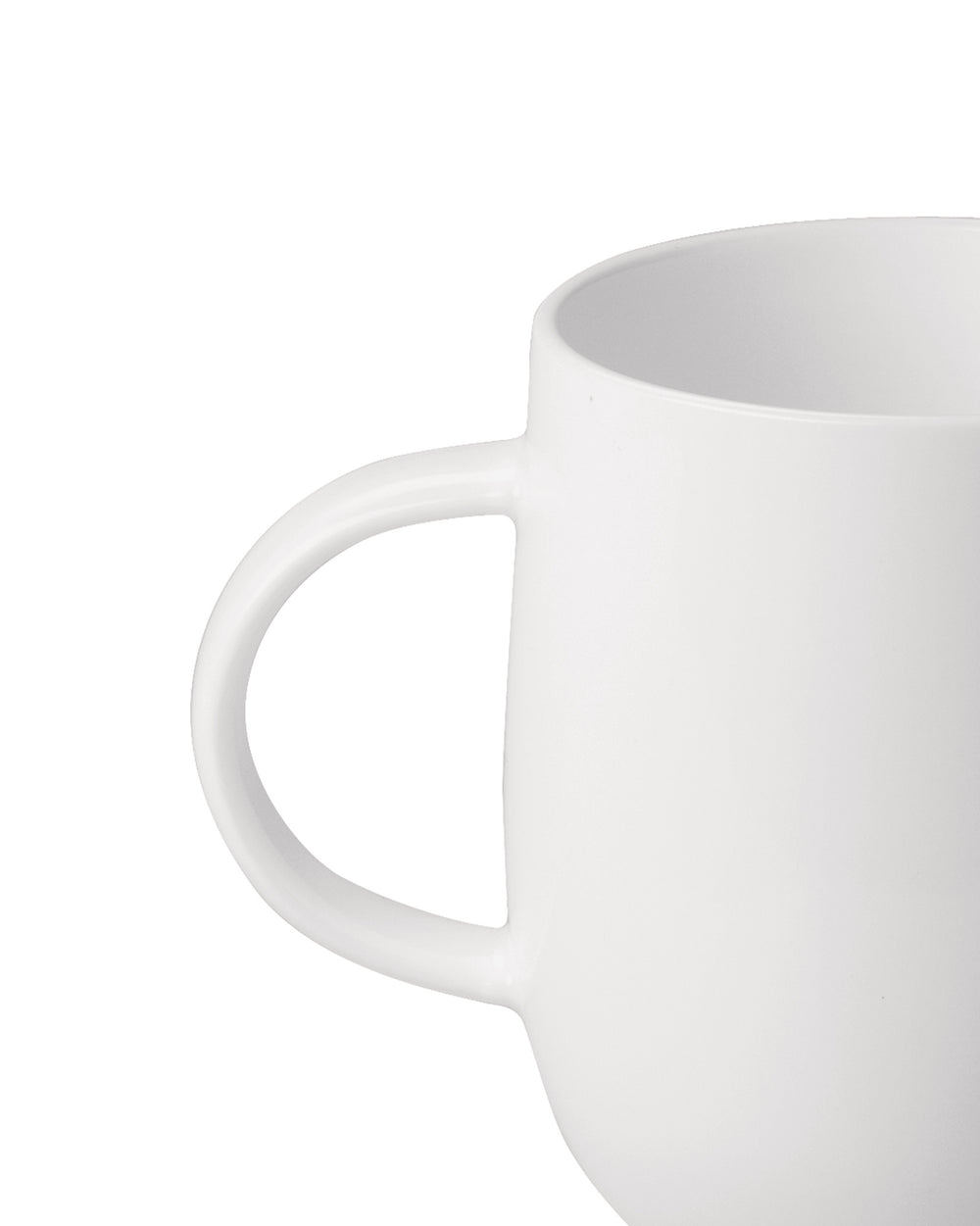 White ceramic mug by Alessi, a cropped side view showing the handle and smooth texture.