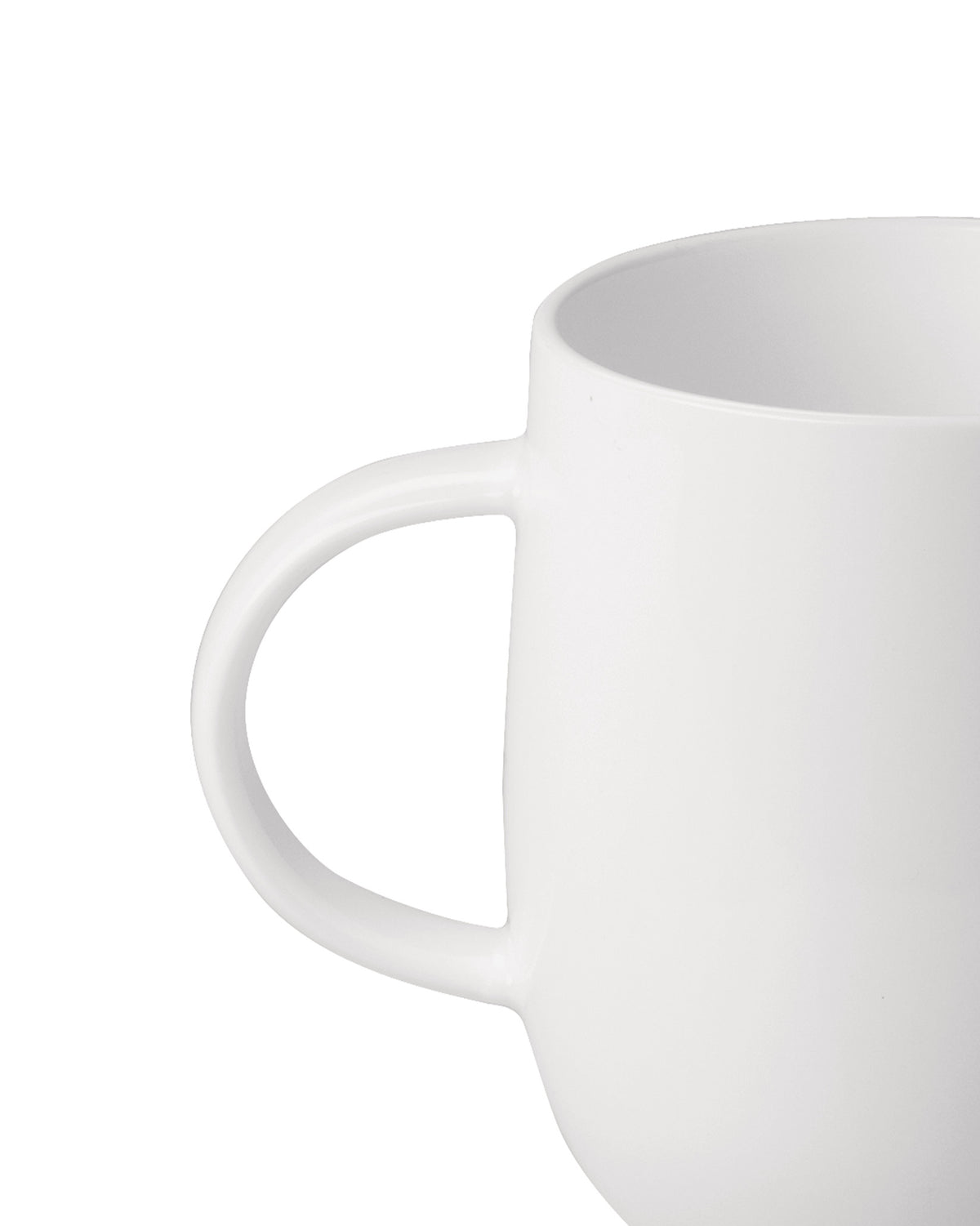 White ceramic mug by Alessi, a cropped side view showing the handle and smooth texture.