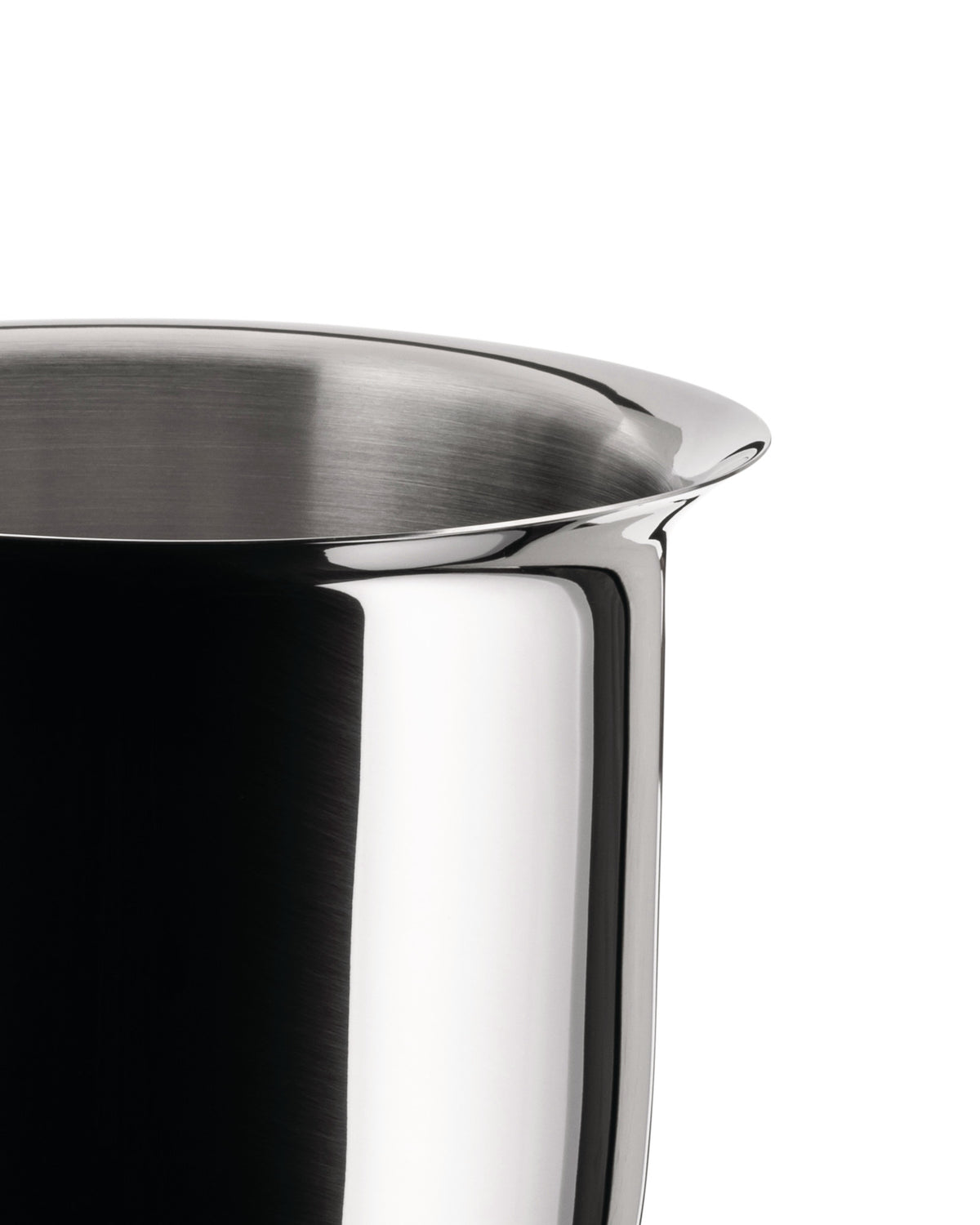Stainless steel pot by Alessi with a polished exterior, brushed interior, and flared rim, shown cropped.