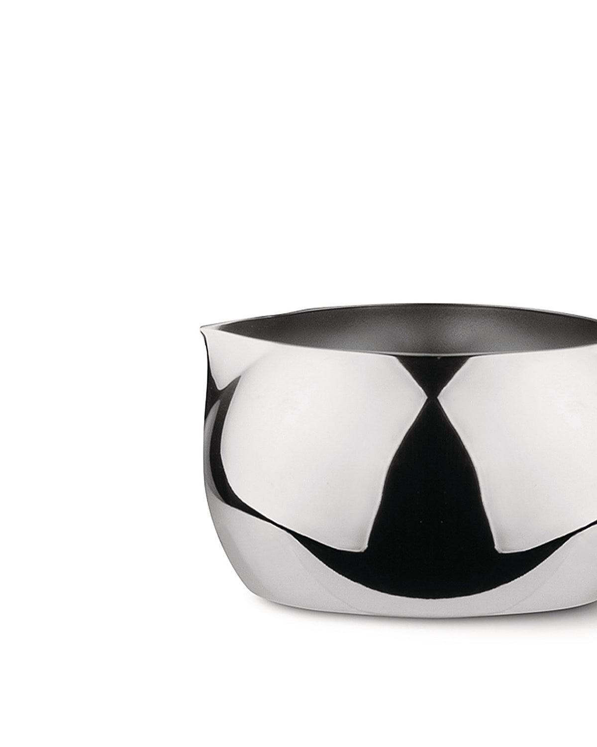 Cropped silver-toned metallic creamer by Alessi with a high-shine reflective finish and pouring lip.
