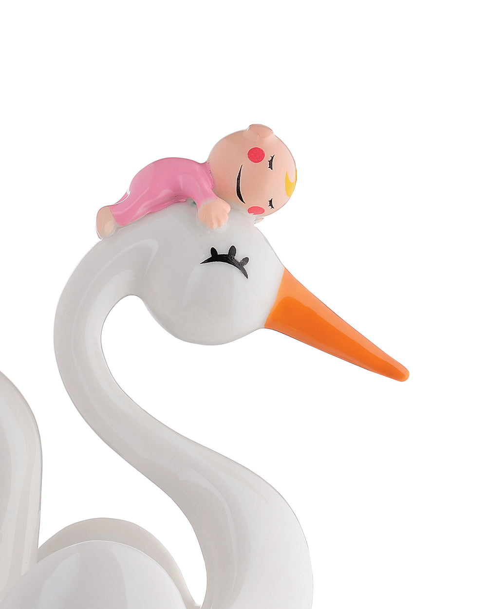 White, glossy baby-themed decorative figure by Alessi, depicting a stork with an orange beak carrying a baby in pink.