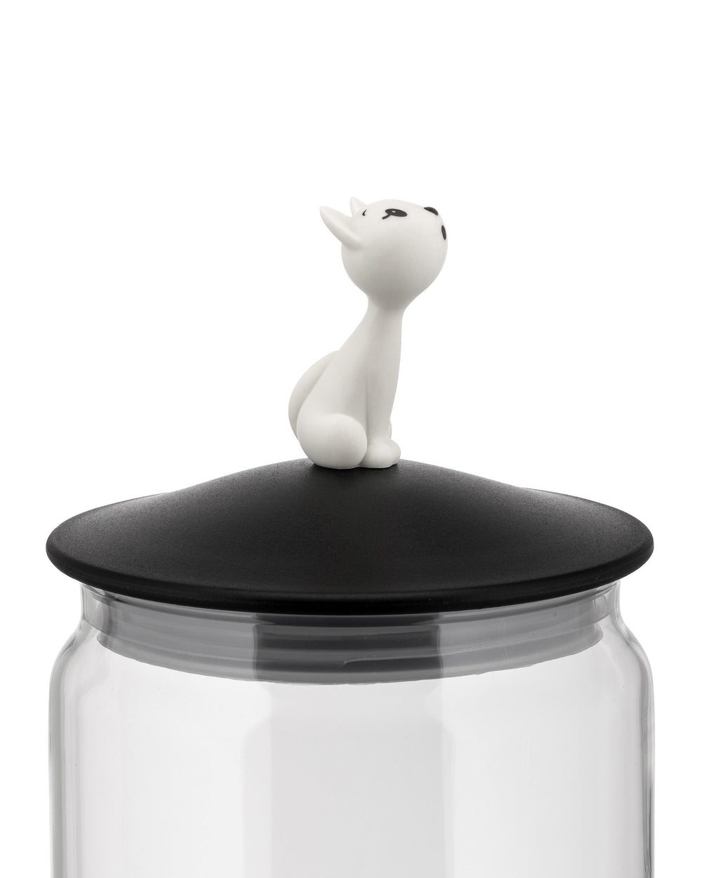 Clear glass jar by Alessi with a black lid topped by a white cat figurine.