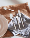 Silver cutlery set by Alessi, including two spoons, a fork, and a knife, on a blue linen napkin, woven placemat, and white plate.