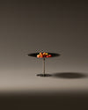 Silver and dark fruit stand with a scalloped edge by Alessi, holding colorful fruit.