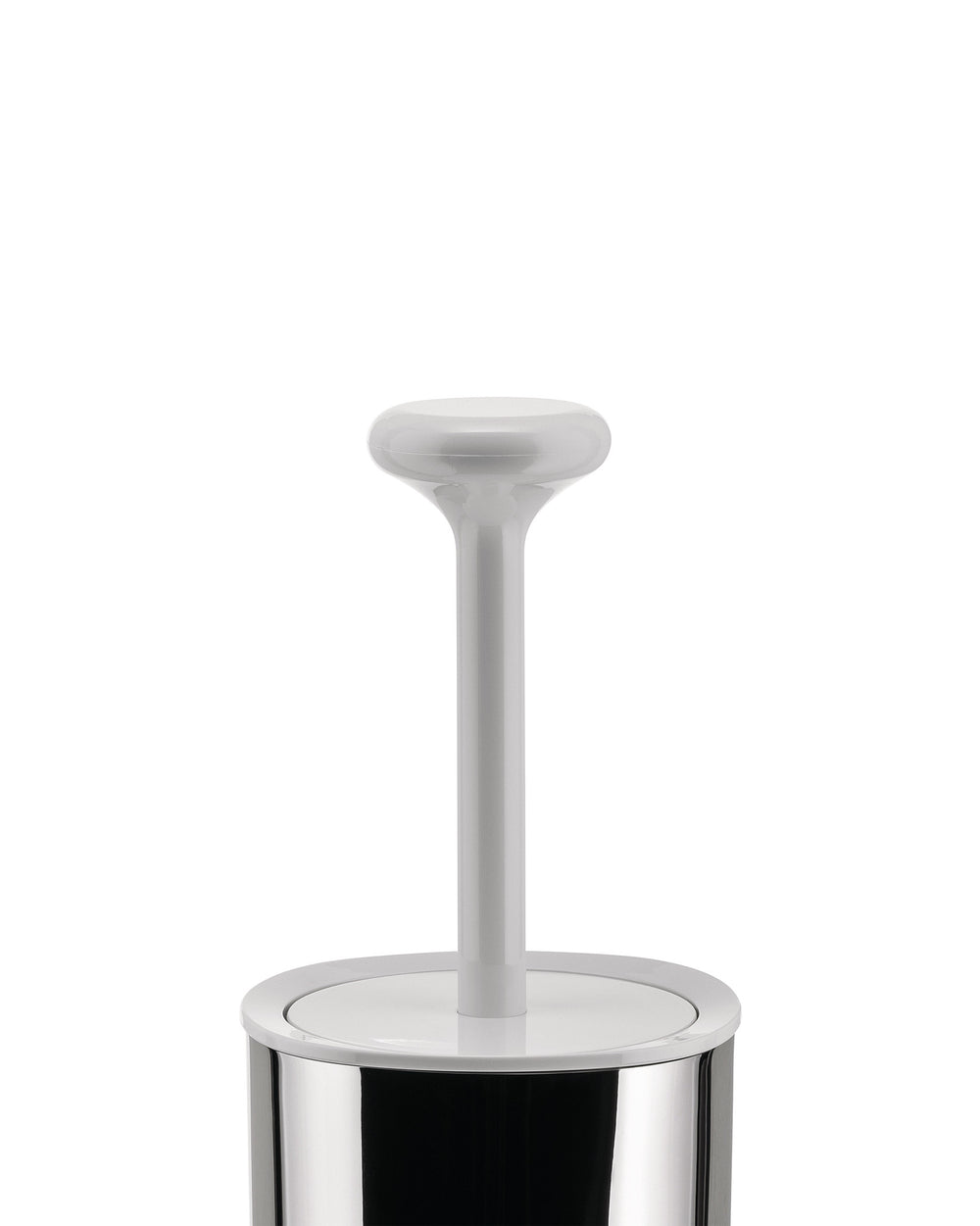 White and chrome toilet brush and holder by Alessi, with a white rounded handle and polished cylindrical base.