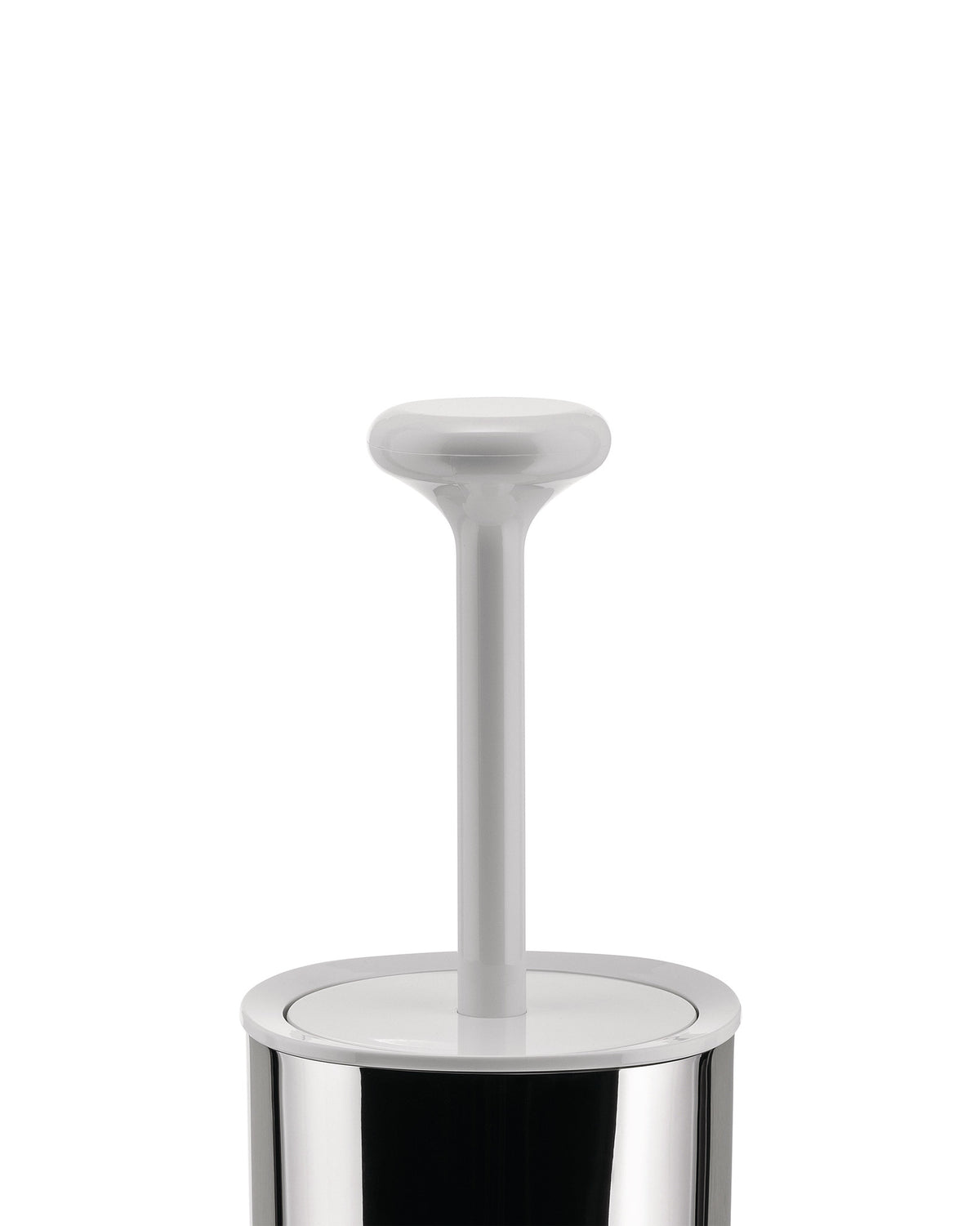 White and chrome toilet brush and holder by Alessi, with a white rounded handle and polished cylindrical base.